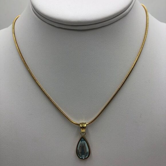 18K Gold Plated Women's Faux Blue Gem Teardrop Necklace Waterproof Elegant - Picture 12 of 12